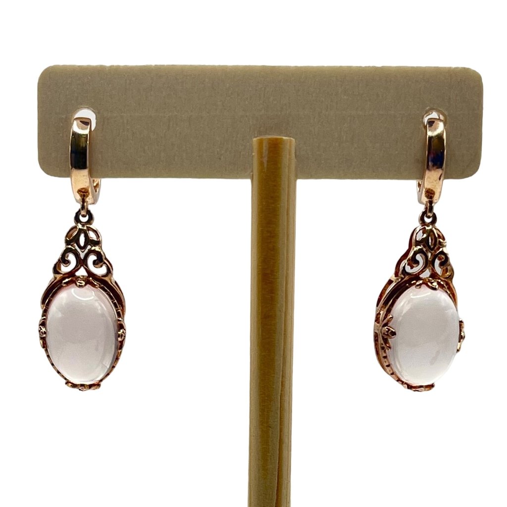 Sterling Plated 14k Rose Gold Vermeil Rose Quartz Filigree Dangle Earrings